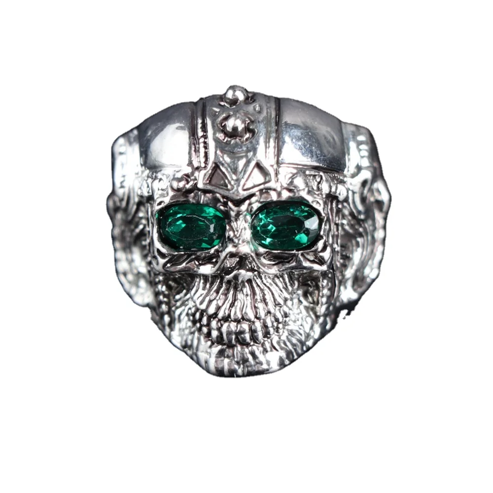 

Large Big Gothic Men's Cool Skull Head Ring Green Crystal Eye Punk Rings for Men, Silver
