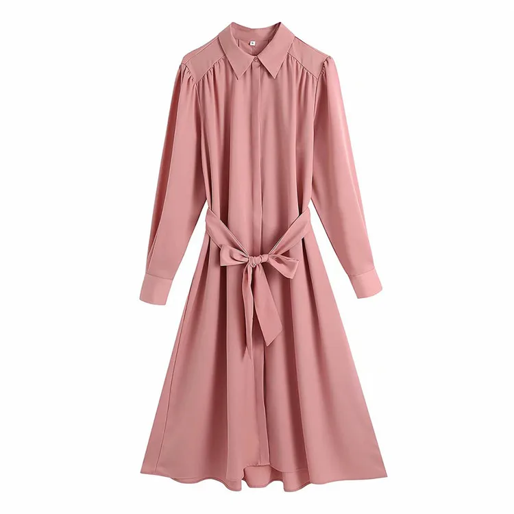 

BMURHMZA2021 spring and summer new women's lace-up slimming elegant shirt cardigan A- line midi dress, Picture color