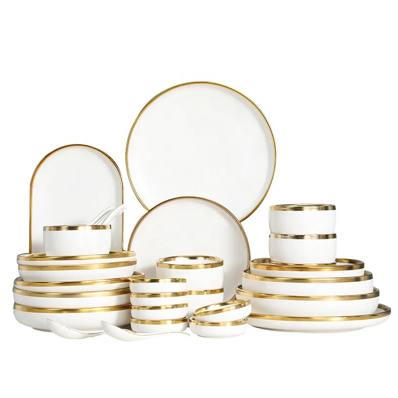 

Protection Matte white Gold dinner Plate salad Bowl Dish server spoon Dinnerware Sets for daily-use Ceramic Tableware