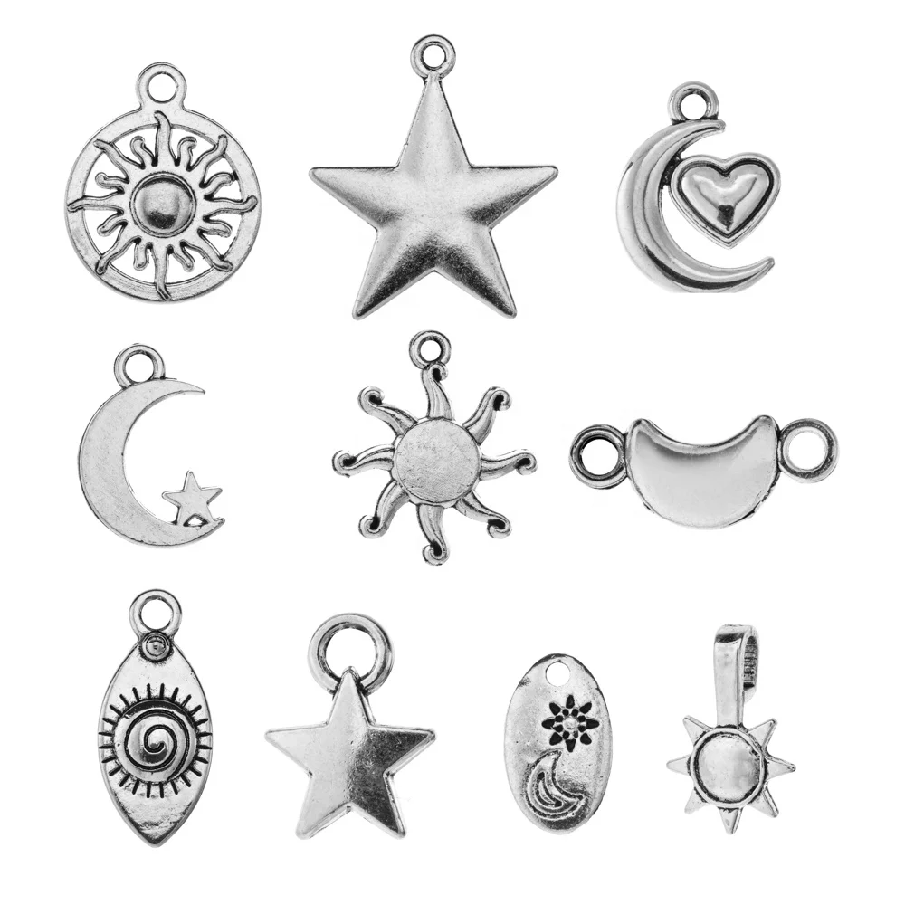 

Multi-Style Mix DIY Antique Silver Jewelry Charms Pendants Alloy Star Moon Sun Jewelry Hand-Made For Bracelet Necklace Pendants