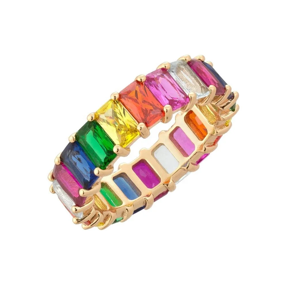 

Trendy Dubai Colorful Square Stone Band Rainbow Baguette Eternity Rings Silver 925