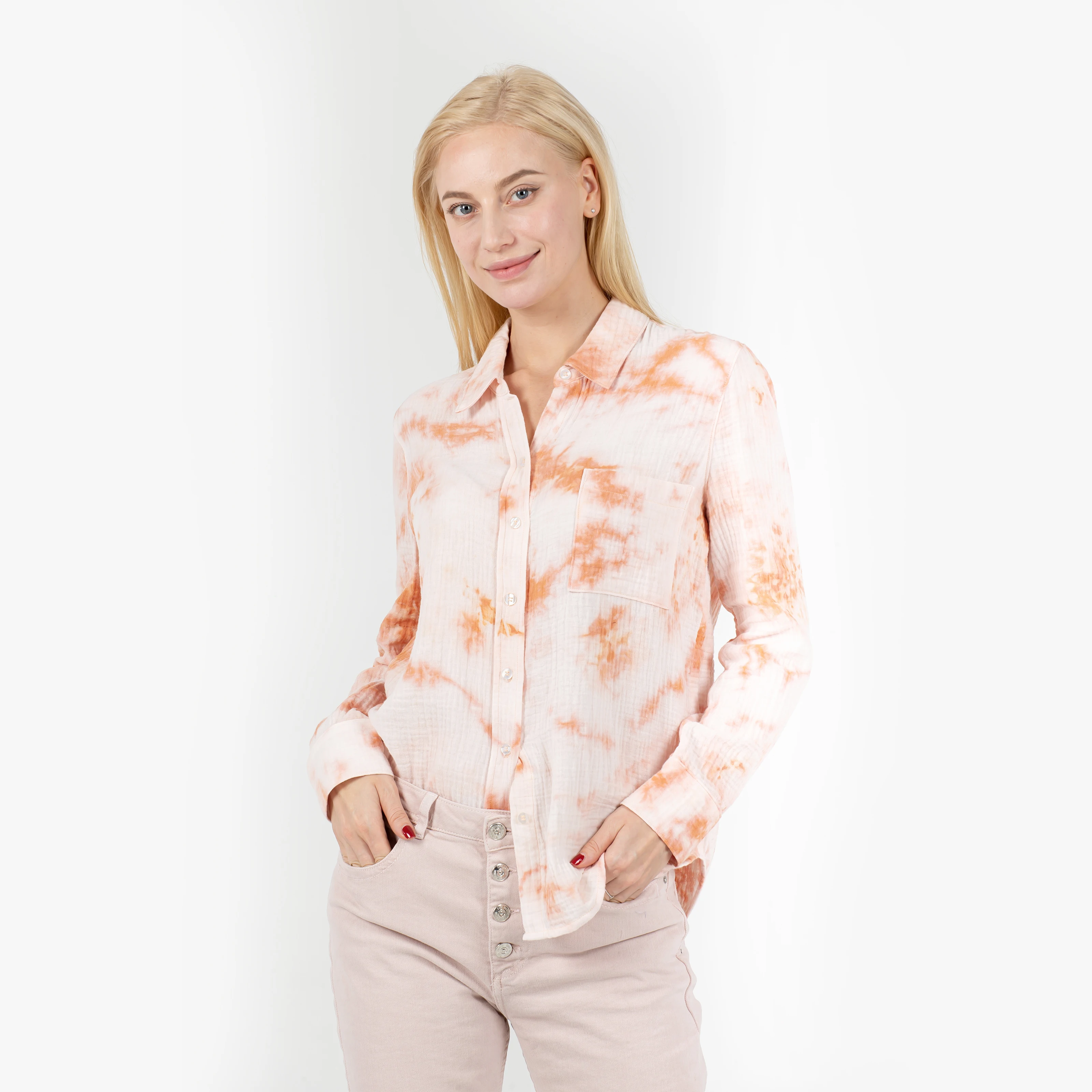 

Ladies Button Up Casual Long Sleeve Tie Dye Cotton Womens Clothing Top Shirt Blouses