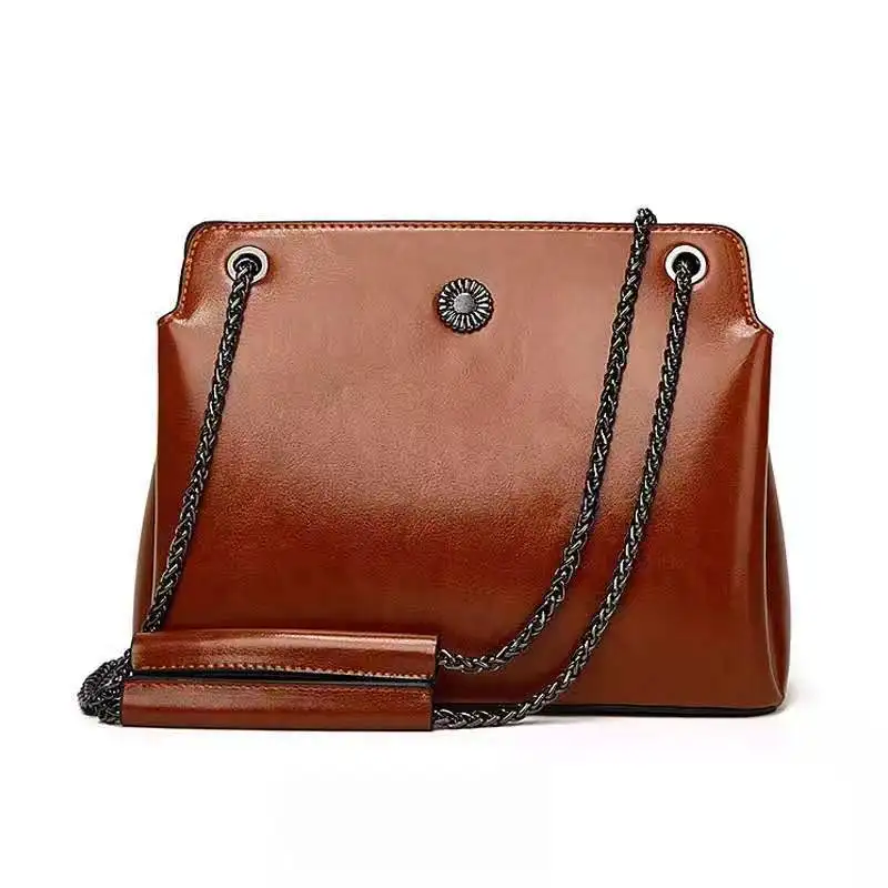 

2019 Wholesale handbags for woman vintage lady 100% genuine leather hand bags crossbody iron chain shopping handbags