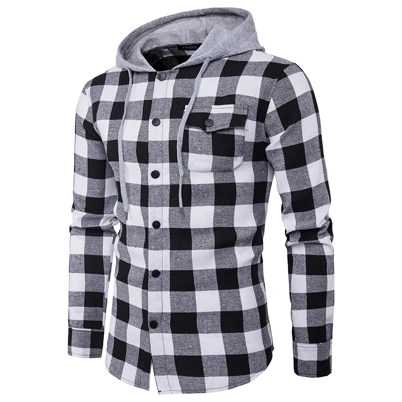 

New Fashion Men's Long Sleeve Hooded Plaid Shirt With Pocket, White&black, red&black