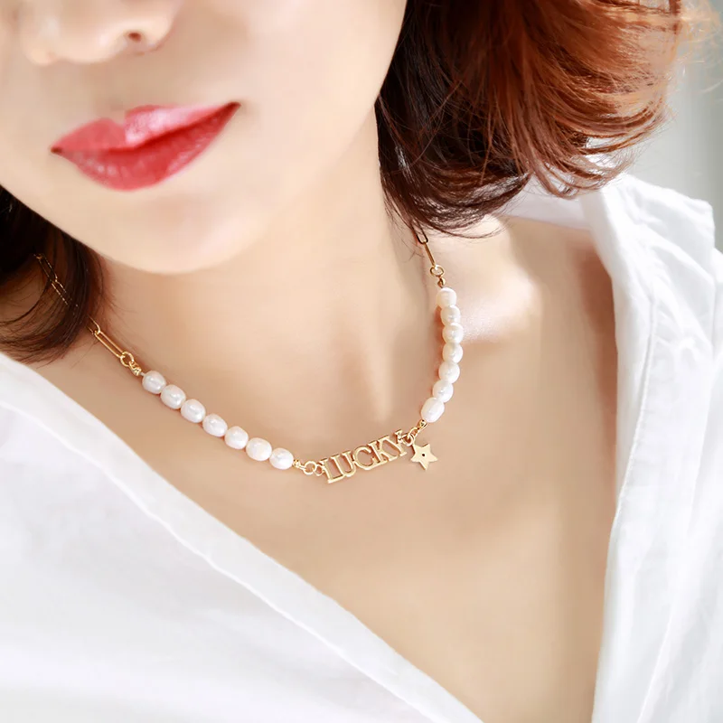 

2021 Freshwater Pearl Jewelry Lucky Letter Word Star 18K Gold Plated Chain Wedding Real Natural Pearl Necklace Women Good Luck