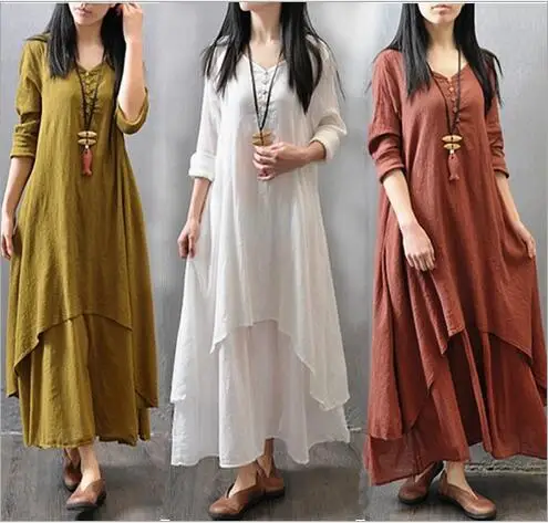 

Johnature Cotton Color Women Maxi Dress 2020 Autumn New False Two-piece Long Sleeve Round Neck Loose Plus Size Irregular Dress, Three color