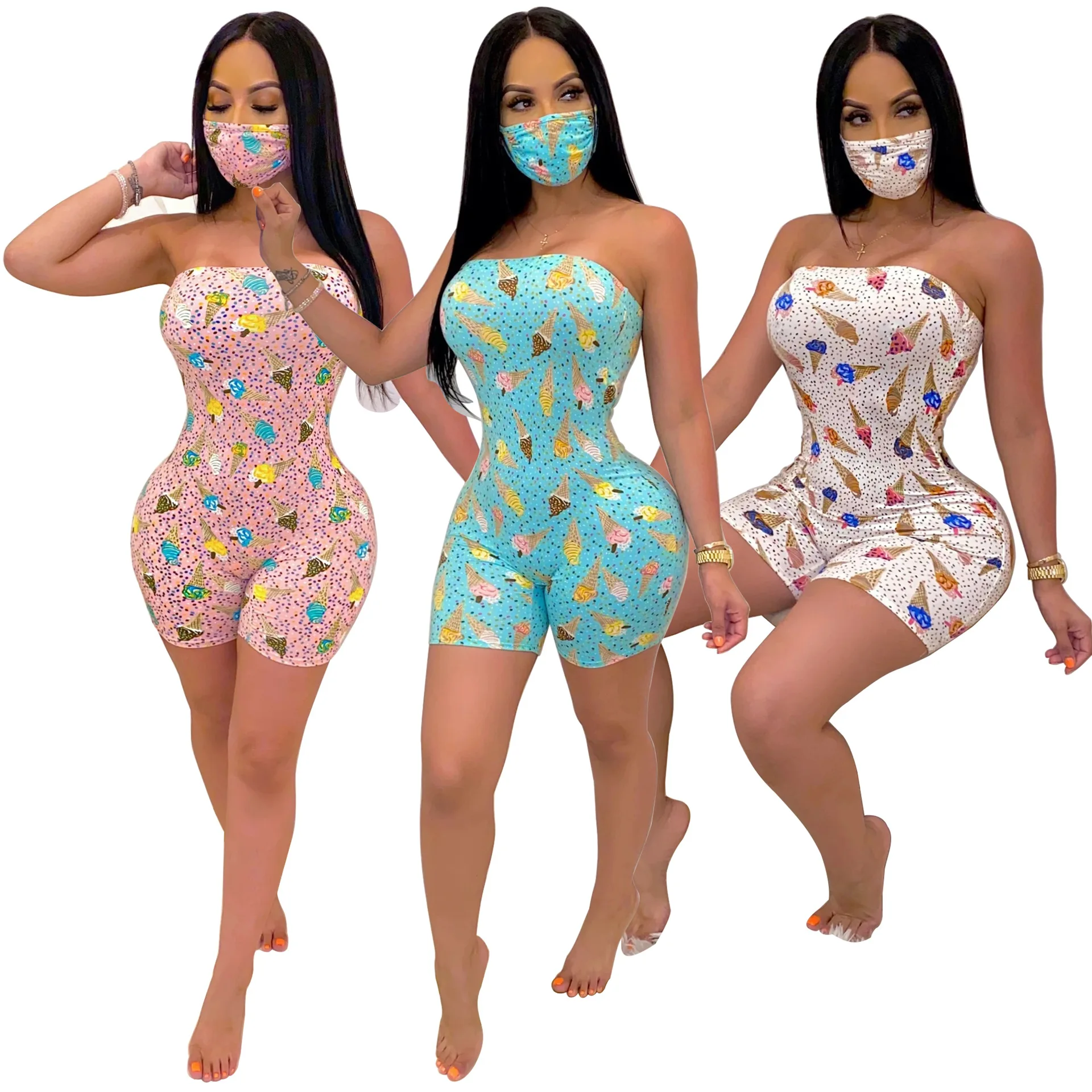 

Icecream Print Women Jumpsuit Strapless Shorts Romper 2020 Summer Casual Overalls Jumpsuit Set, White, pink, blue