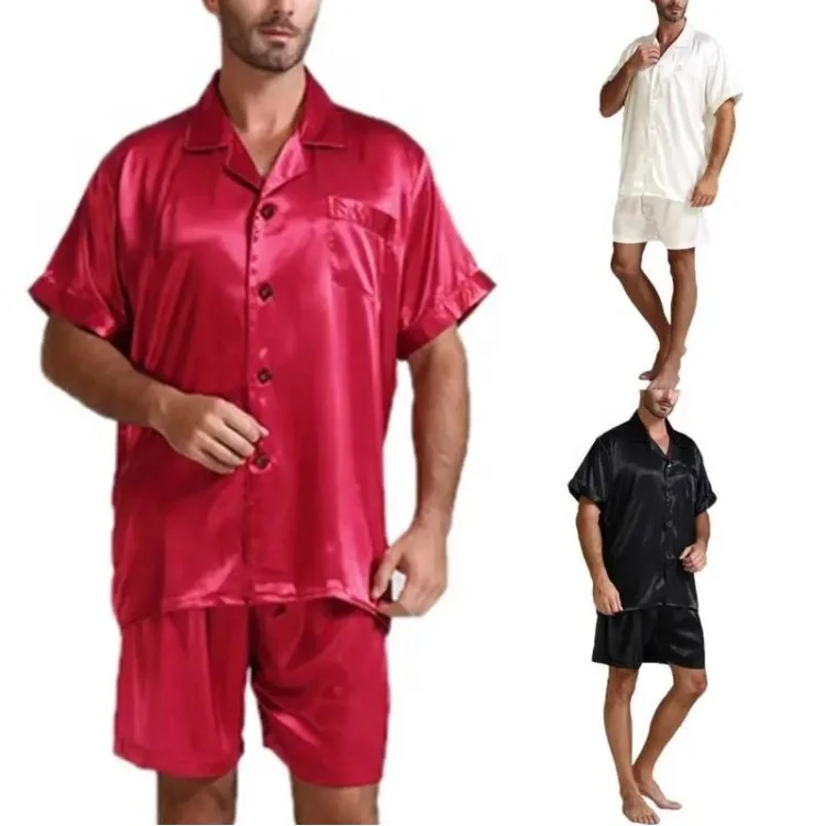 

XLL LL-L038 Summer Short Sleeve Silk Like Home Clothes Mens Pajama Sets Sleepwear Set, As picture or customized color