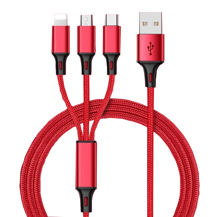 Hot Sale Charging USB Cable 3 In 1 multi-use for Iphone & Micro Usb & Type c Nylon Braided 1.2M 2M 3M