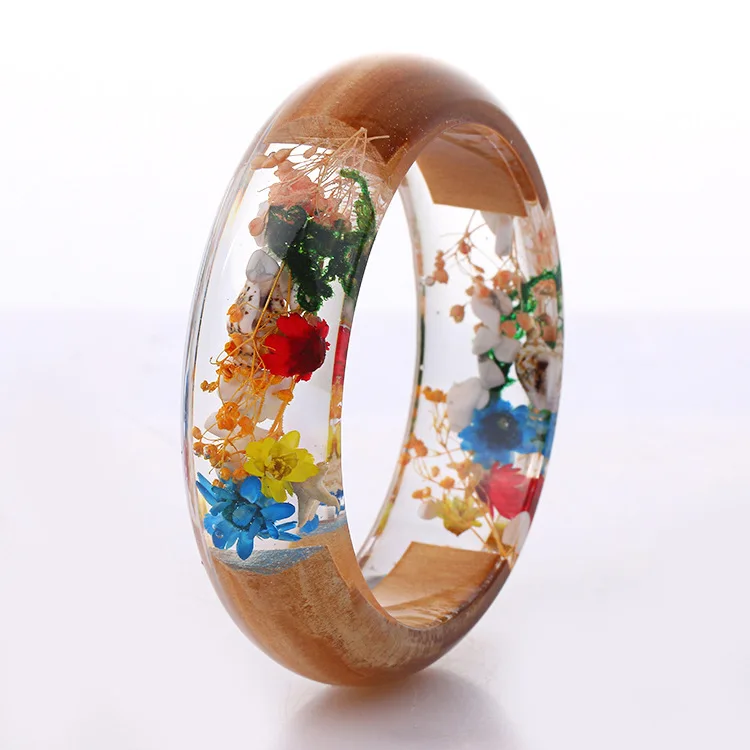 

Wholesale natural wood bangle dried Gypsophila flower resin bangle bracelet for gift