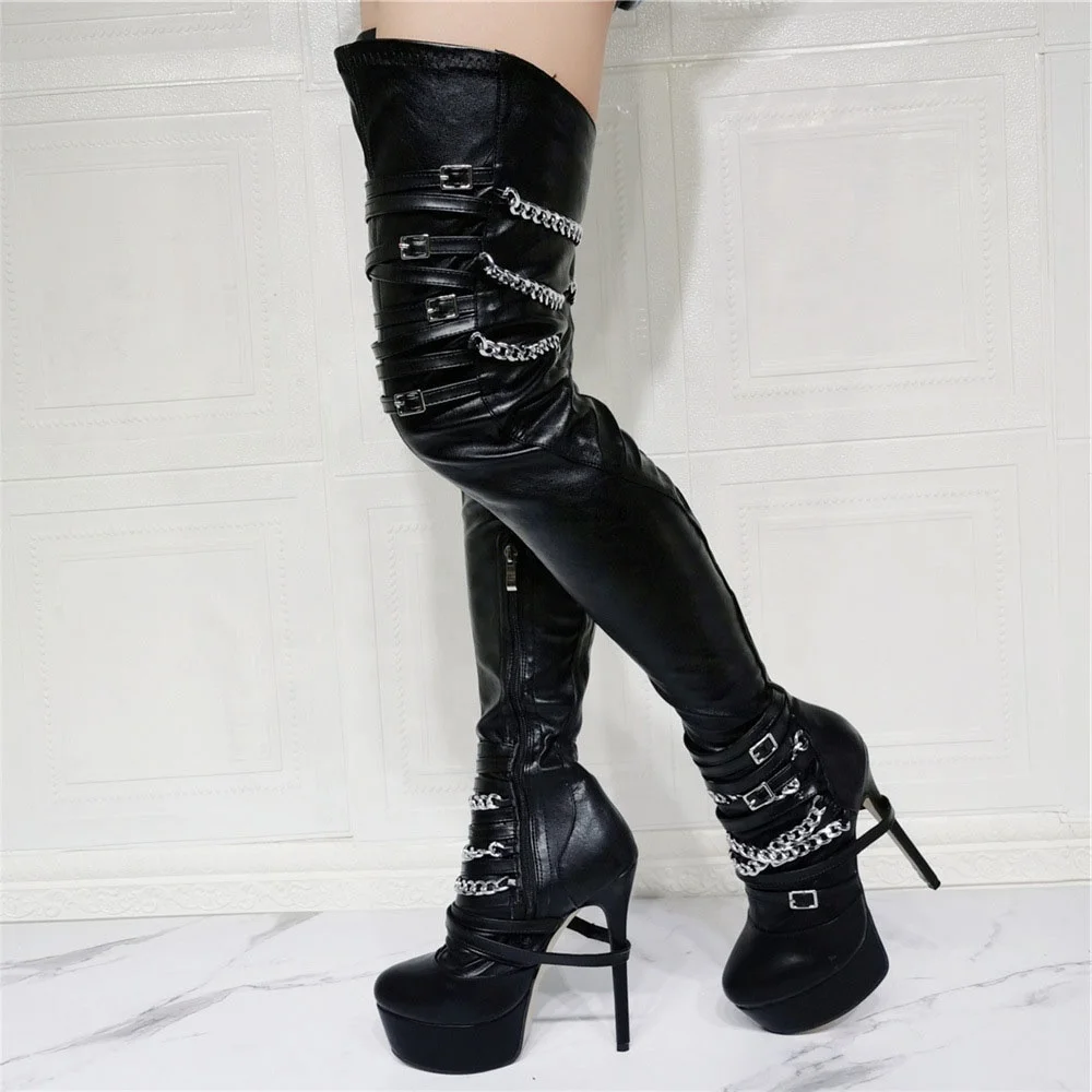 

Chain Decor Women's Thigh High Boots Platform Shoes Big Size 14 Fit High Heels Stiletto Wide Feet Ladies Booties, Black