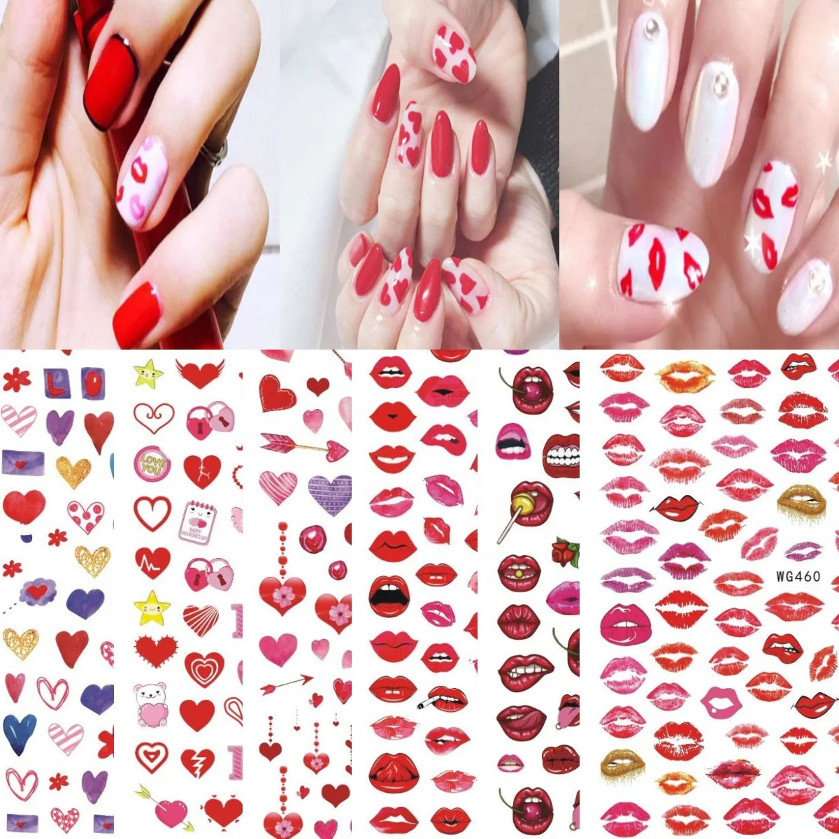 

Paso Sico WG334-461 New Heart Colorful Red Lip Series Nail Decals Stickers for Wedding Valentine's Day Nail Art Decoration