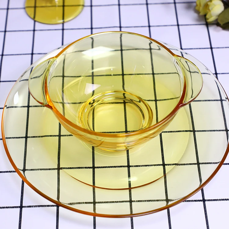 

Hot product cheap pressed binaural glass Light and translucent gold bowl, Yellow