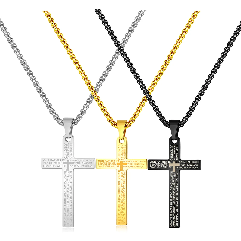 

18k Gold Christian Bible Cross Stainless Steel Statement Necklace Catholic Jewelry Religious Collares de acero inoxida