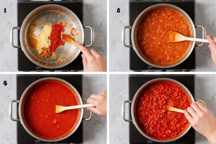 Step-by-step preparation of skyline chili showing spice mixing and simmering process