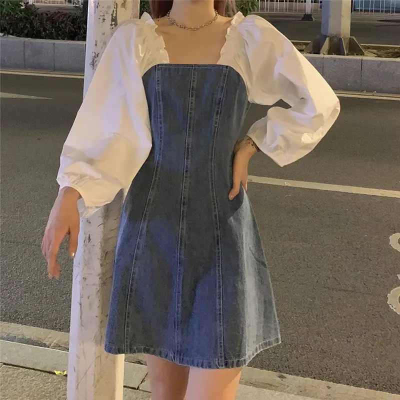 

2021 spring French niche retro square neck puff sleeves age-reducing waist waist dress female long-sleeved first love denim skir