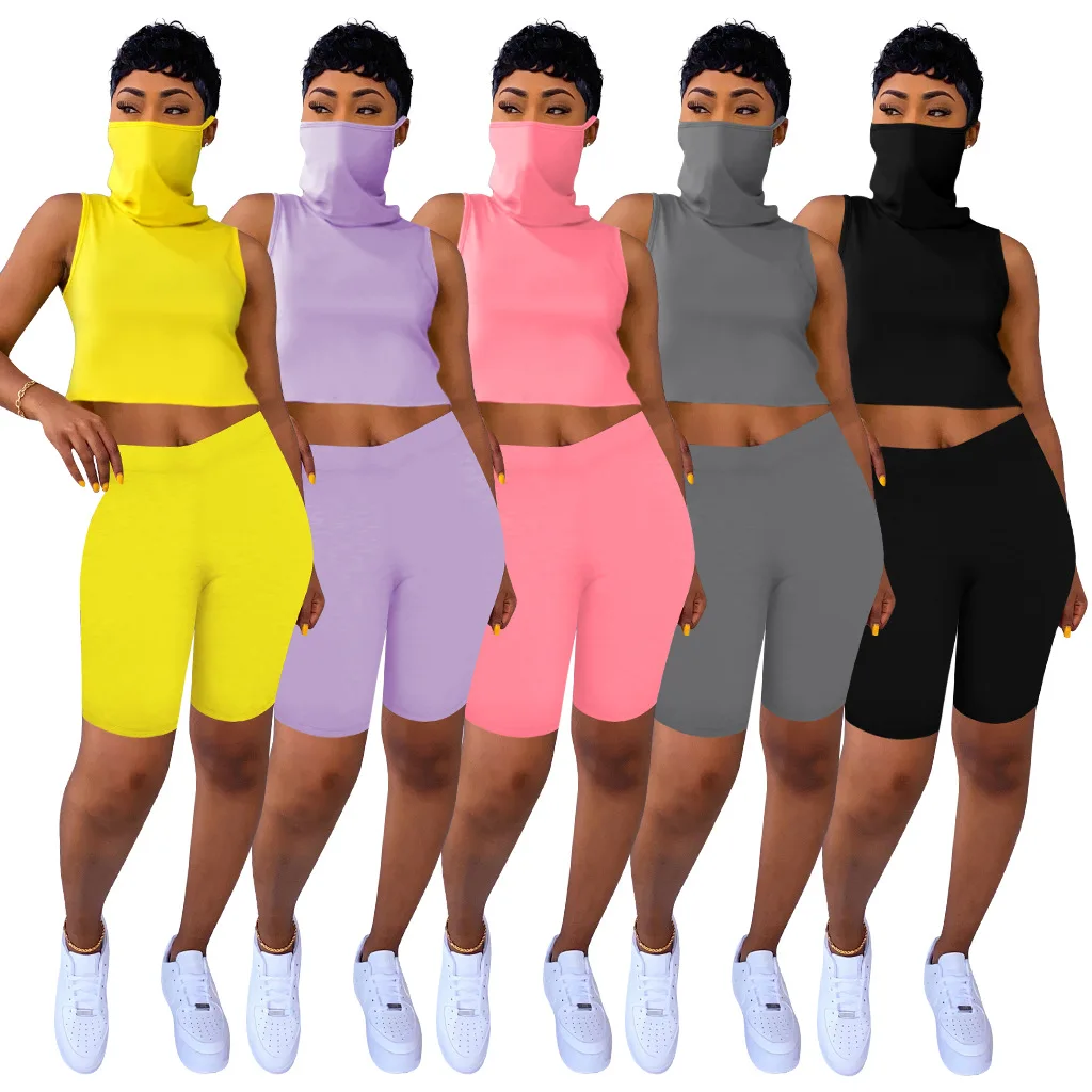 

2021 New Arrivals Fashion Women Stand Neck Sleeveless T-shirt Short Pants Mask 2 Pieces Biker Set Romper Outfits Tracksuit, Picture show