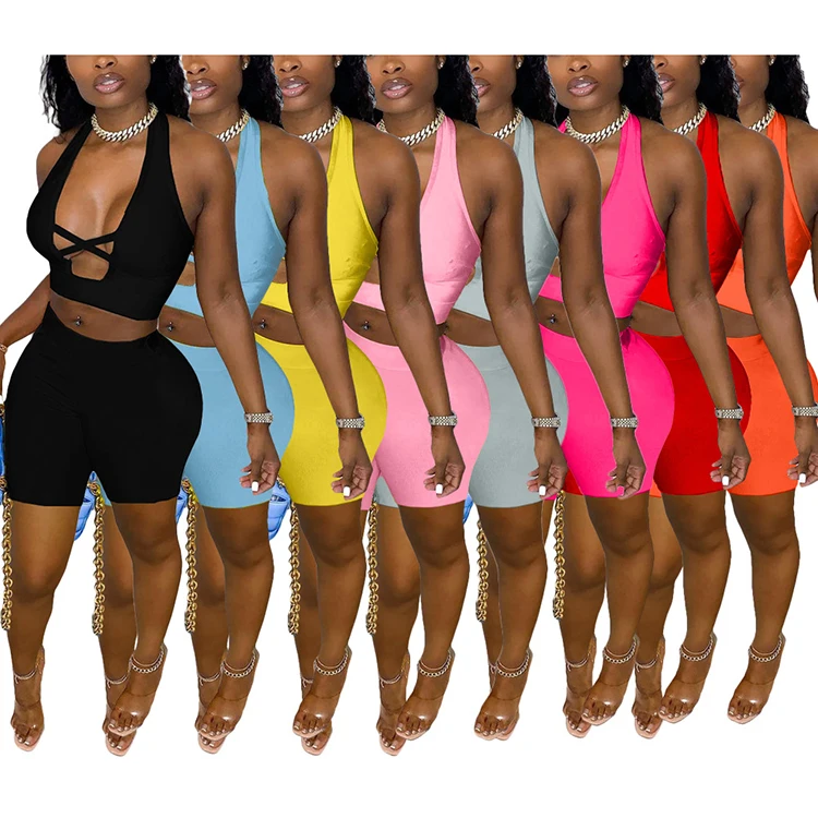 

2021 women clothing sexy club wear 2 piece crop top short sets, 8colors