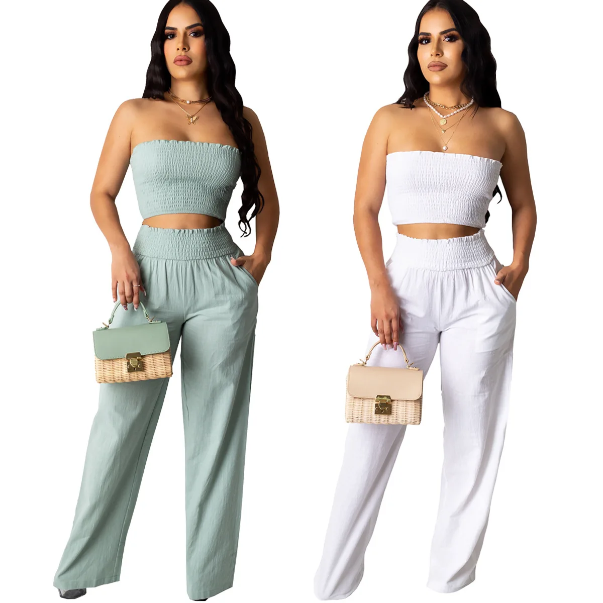 

Women fashion 2020 summer crop top wide leg pants 2 piece set for female women tops pants two pieces sets women's suits