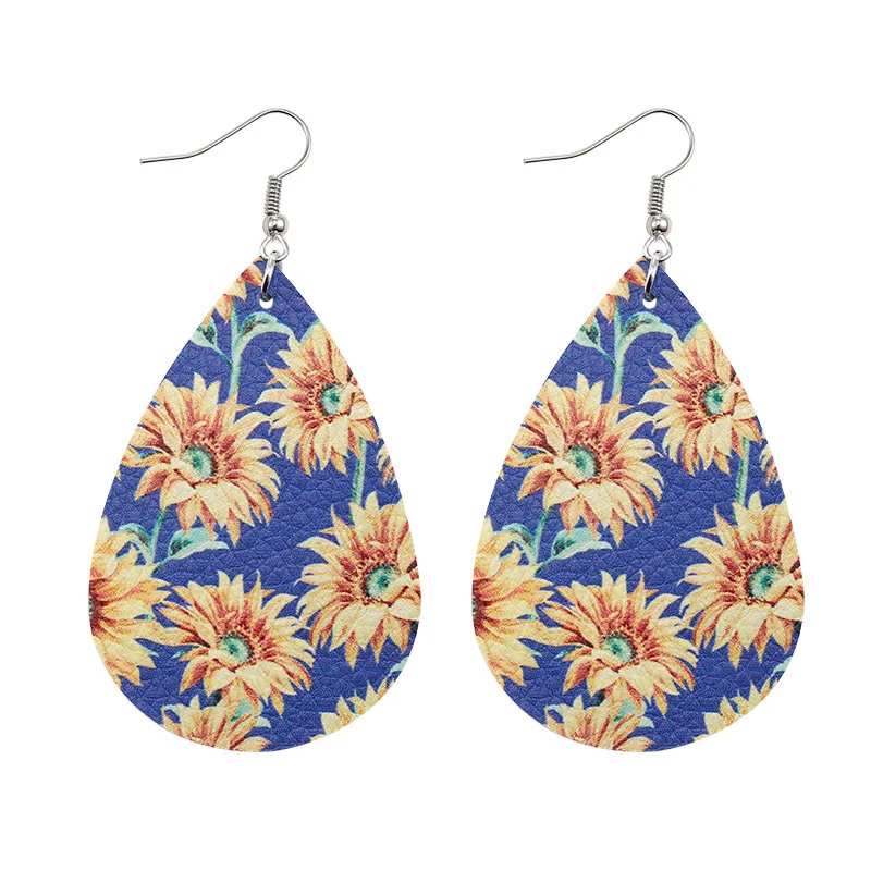

Punk Accessories Classic PU Earrings For Women Sunflower Floral Print Water Drop Earrings