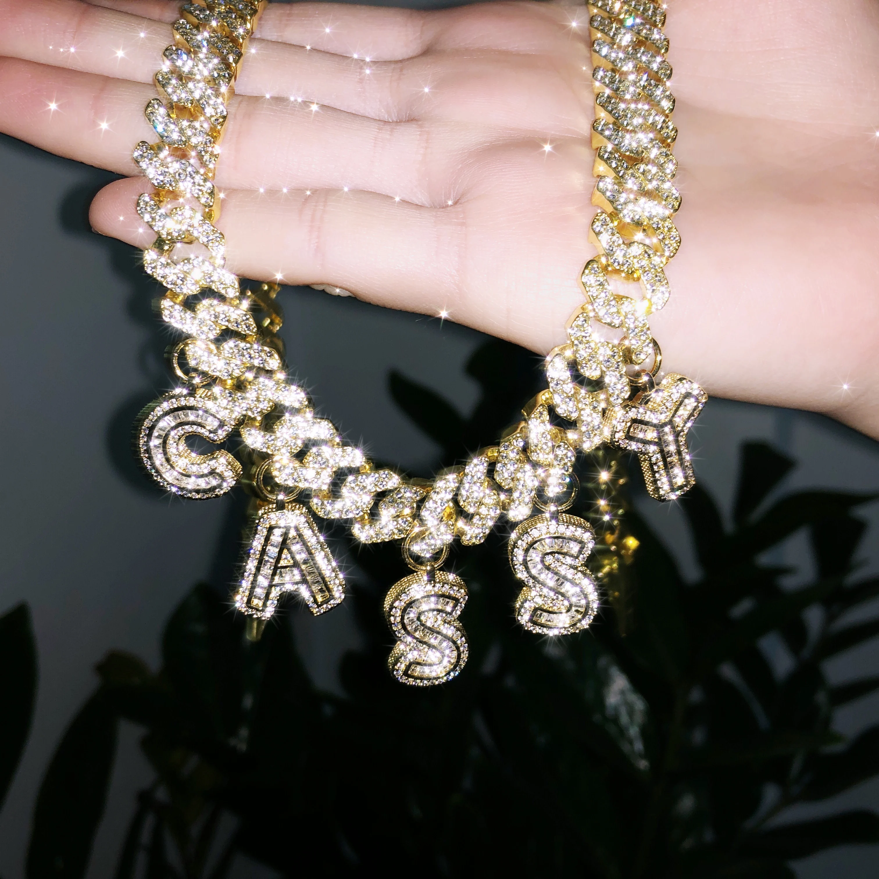 

Iced Out Letters Bracelet Custom Words Bracelet Name Custom Bracelet 12MM Miami Cuban Link With Baguette Letters, Picture