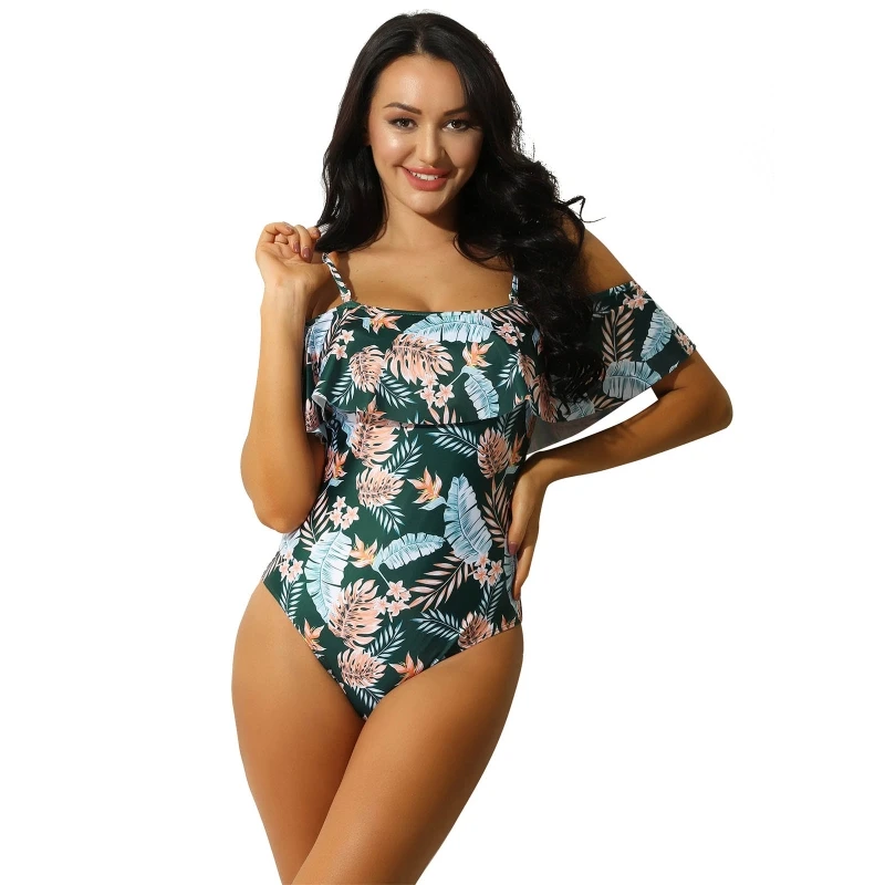 

Custom Women Off Shoulder Ruffled Bathing Suits One Piece Swimming Suit Swim Wear Bodysuit