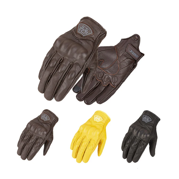 

SSPEC Motorcycle Gloves Genuine Leather Men Retro Guantes Full Finger Moto Gloves Motorbike Biker Riding Gloves Yellow, Red, black, blue