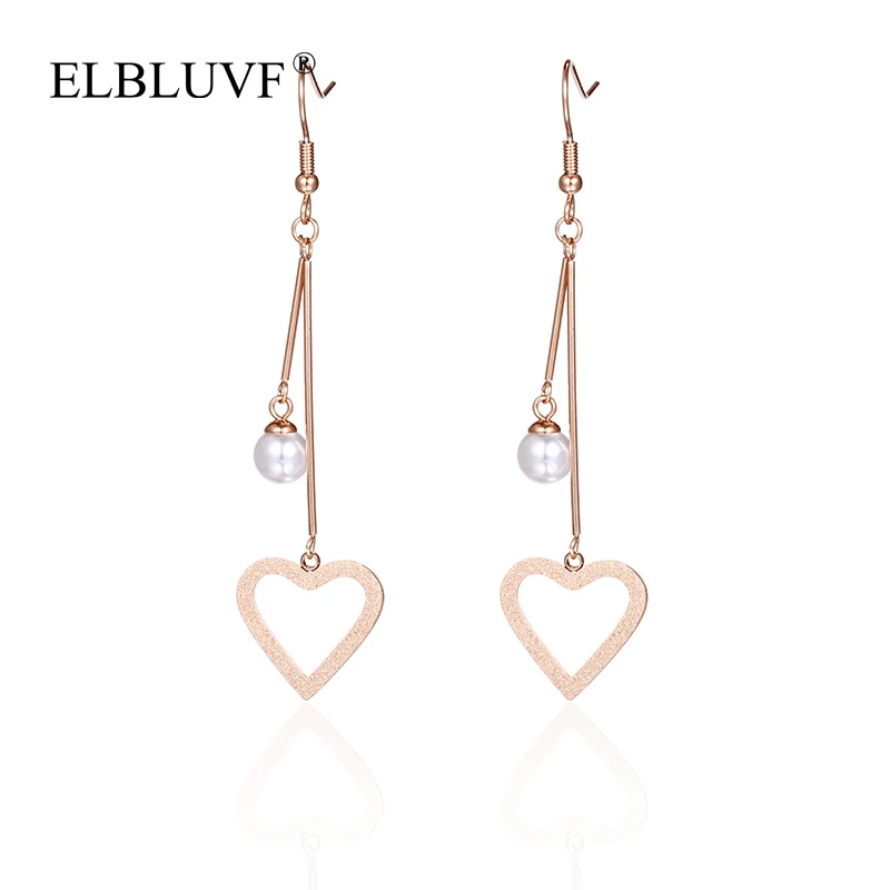 

ELBLUVF Free Shipping Fashion Stainless Steel Rose Gold Plated Hollow Out Heart Pearl Pendant Earrings For Women, Rose gold color