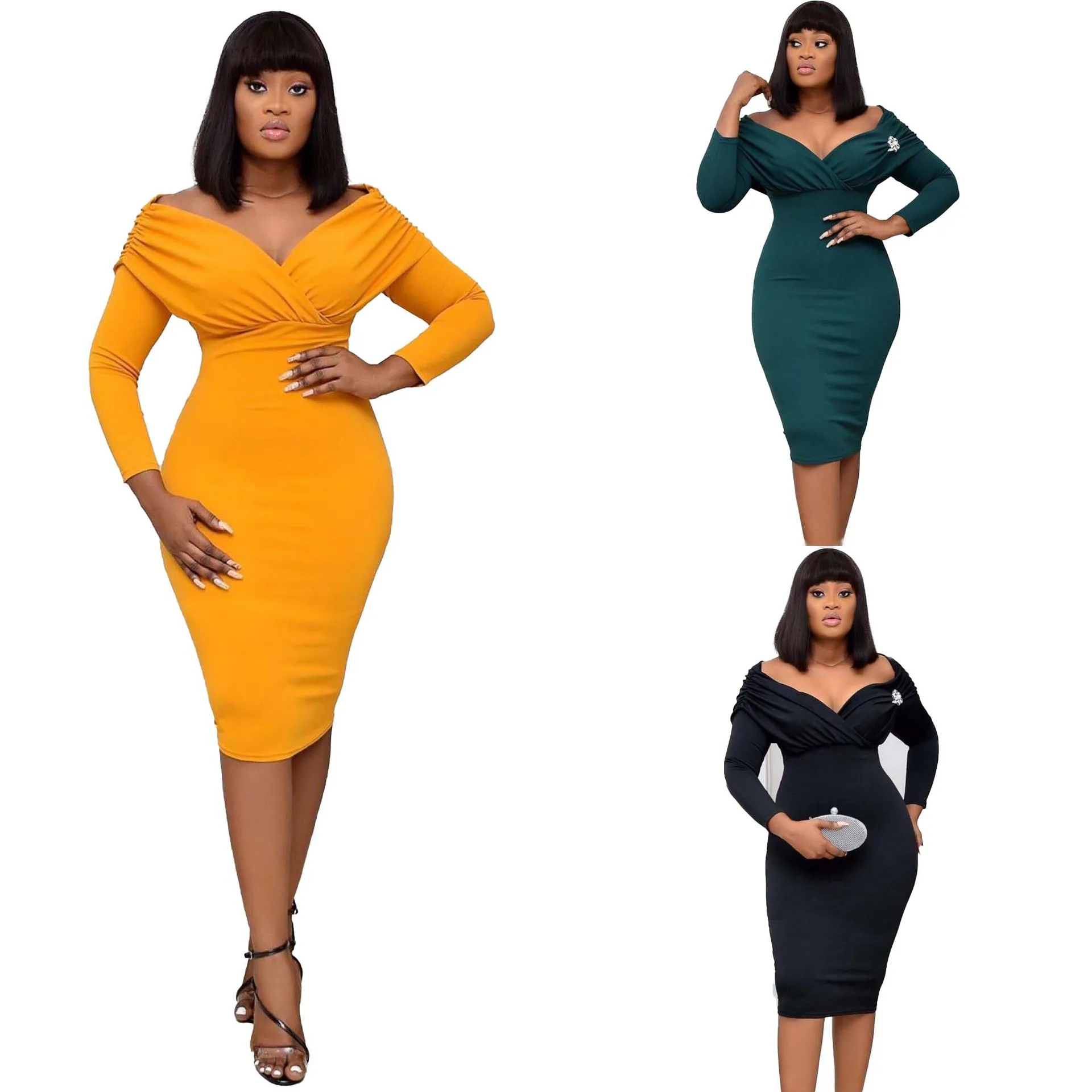 

Elegant Ladies Dresses 3xl Solid Color Bag Hip v-Neck African Long Sleeves Vestido Women Bodycon Dress Casual