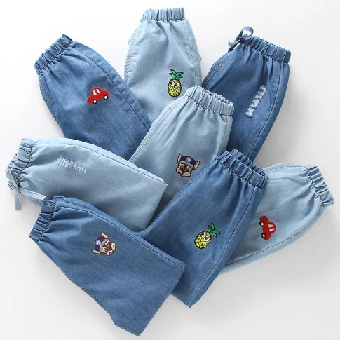 

Children's jeans 2019 summer boys pants cartoon embroidered lightweight denim pants, As pictures
