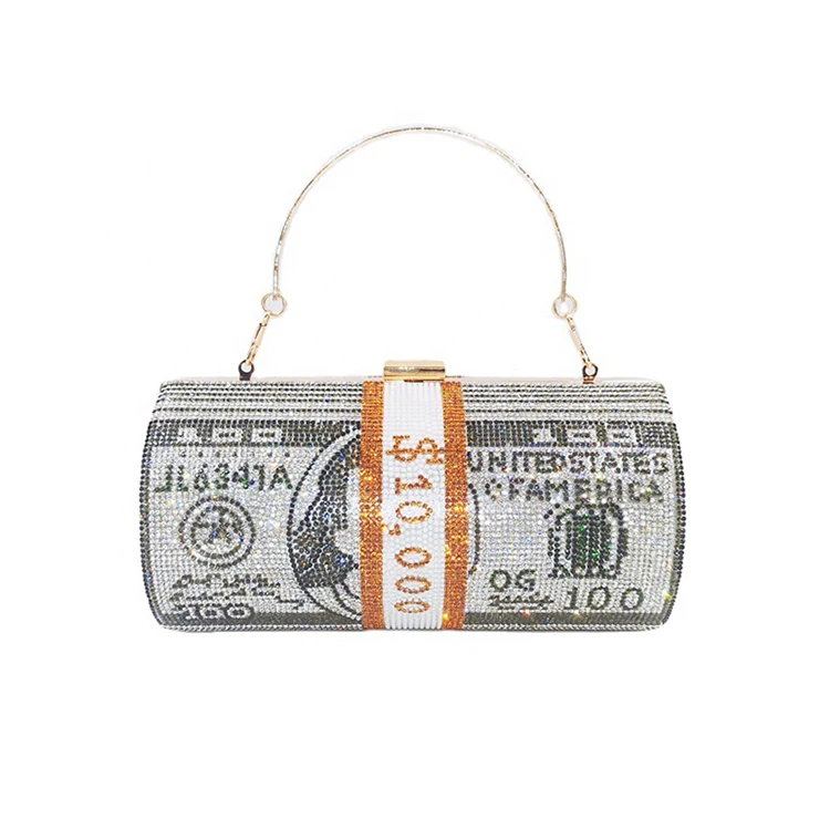 

Luxury Round Money Clutch Evening Bag bolso Crystal Rhinestone Dollar Handbag, 6 colors