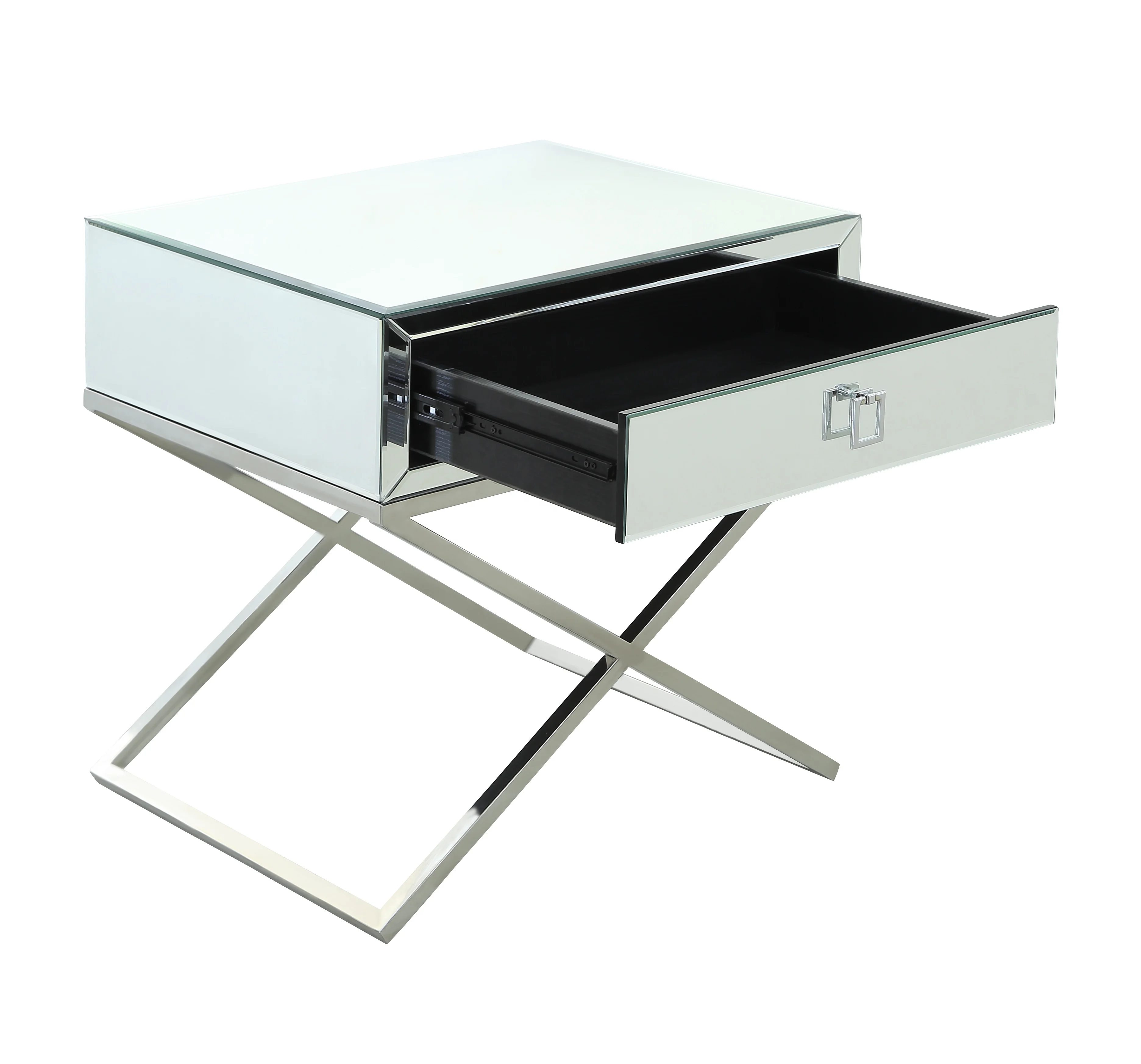 Modern All Handmade Stainless Steel Base Silver Mirrored 1 Drawer with metal handle Side tables Nightstand Bedsides