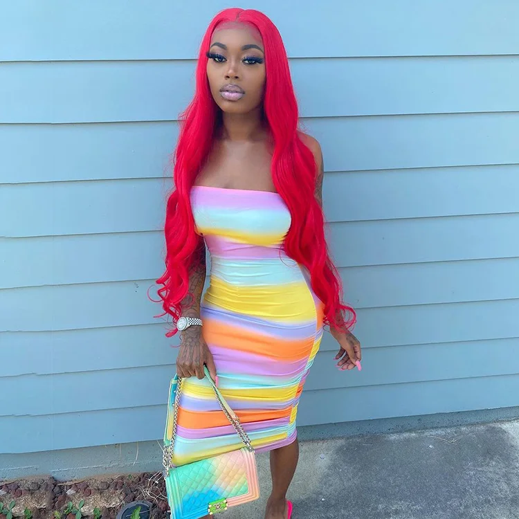 

Stylish Sleeveless Casual Dress Sexy Women Summer Contrast Color Ruched Strapless Dress -ZR, Yellow