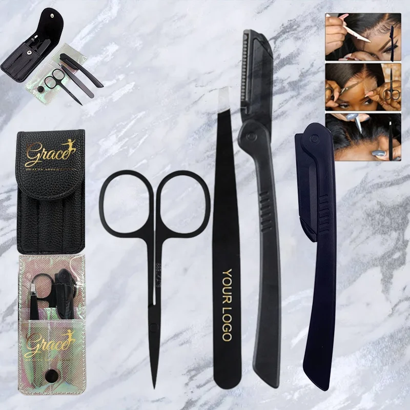 

Hot selling wig pre-plucked hairline tweezers scissors Razors lace frontals install cut lace 3 in 1 tools set