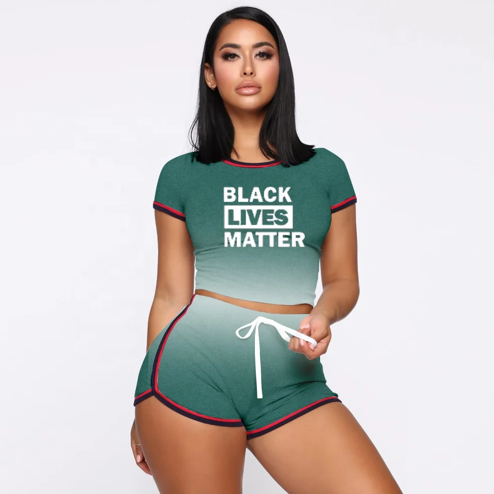 

AI76-5139 European and American fashion women's gradient letter sports shorts suit two-piece suit