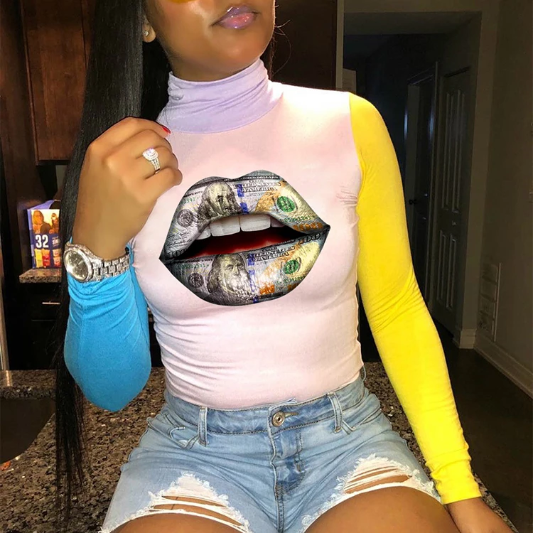 

Turtle Neck Lips Print Contrast Color Tee Shirts Long Sleeve Tops Shirt Fashion Women Clothing Plus Size T-Shirts Top Ladies -PT, White