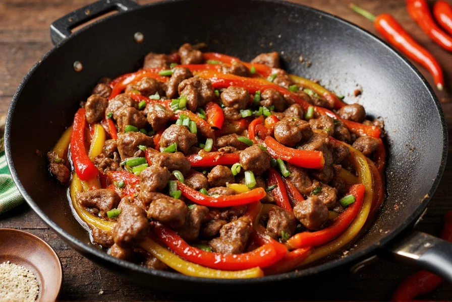 Finished pepper steak dish with vibrant bell peppers and glossy sauce in traditional Chinese wok
