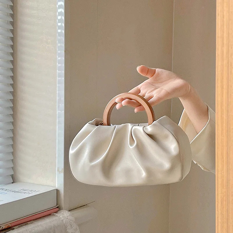 

2021 Luxury Designer Factory Price Wood Handle Soft Leather Purses Shoulder Tote Bag Solid Color Underarm Lady Hand Bag, 2 colors