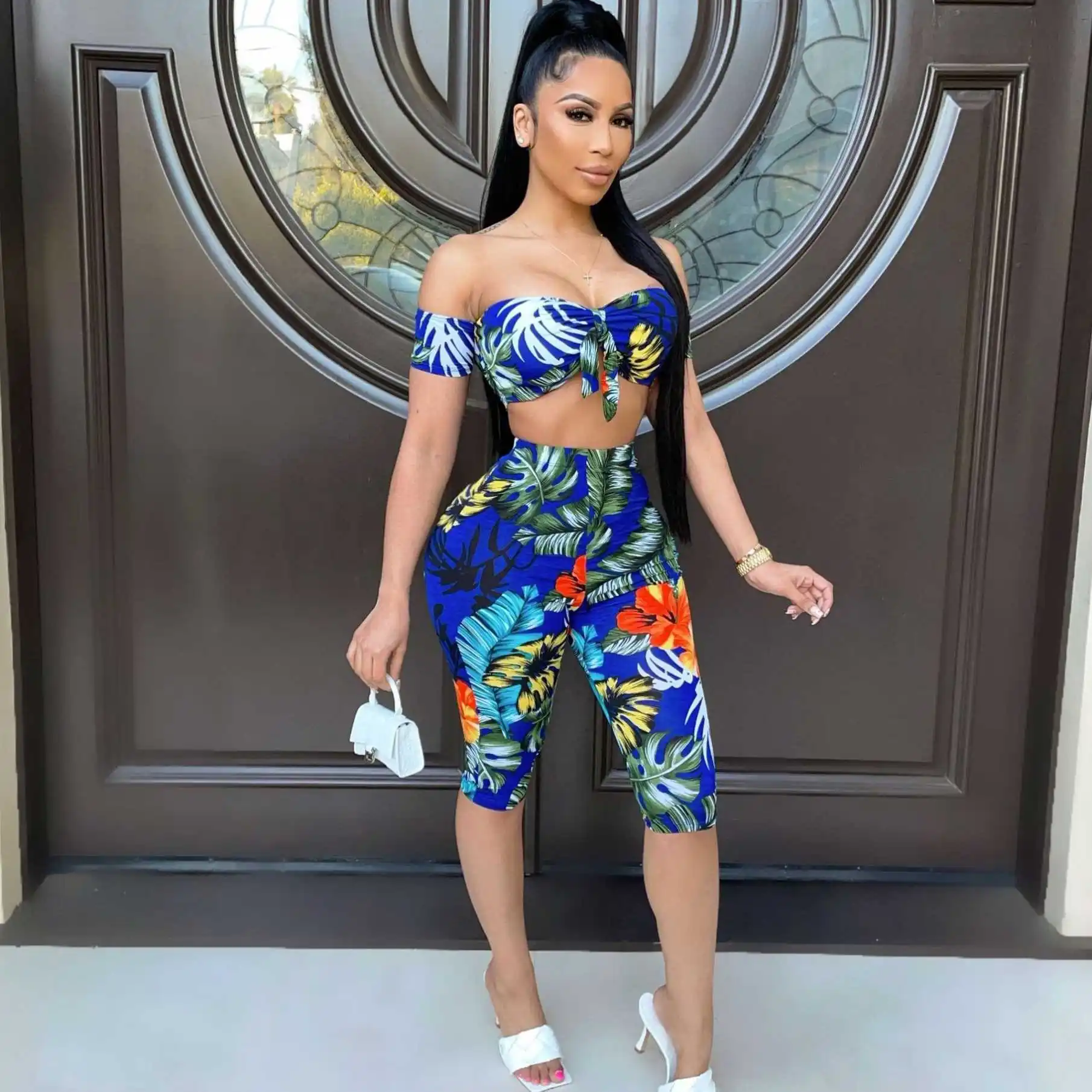 

X02977S Women Print Set Short Sleeve Hollow Out Crop Tops Strechy Shorts Two 2 Piece Set Tracksuit Outfit Summer, Blue/pink/orange