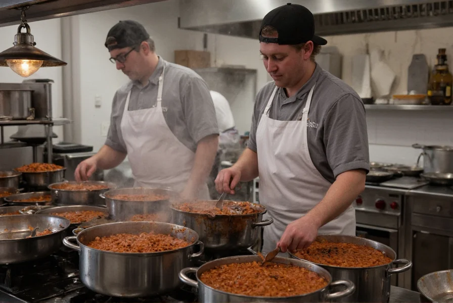 Professional chef stirring large batch chili in commercial kitchen with multiple stock pots