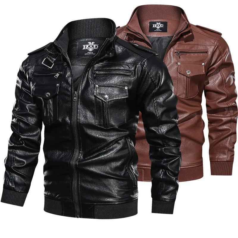 

Wholesale Cheap Price Leather Jacket Men Biker Motorcycle Bomber Leather Jackets Black Brown Color Stand Collar Jackets & Coats
