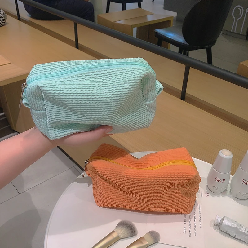 

Luxury Cute Soft Colorful Rainbow Pleated Fabric Large-Capacity Square Portable Travel Bag Cosmetic Bags, 2 colors