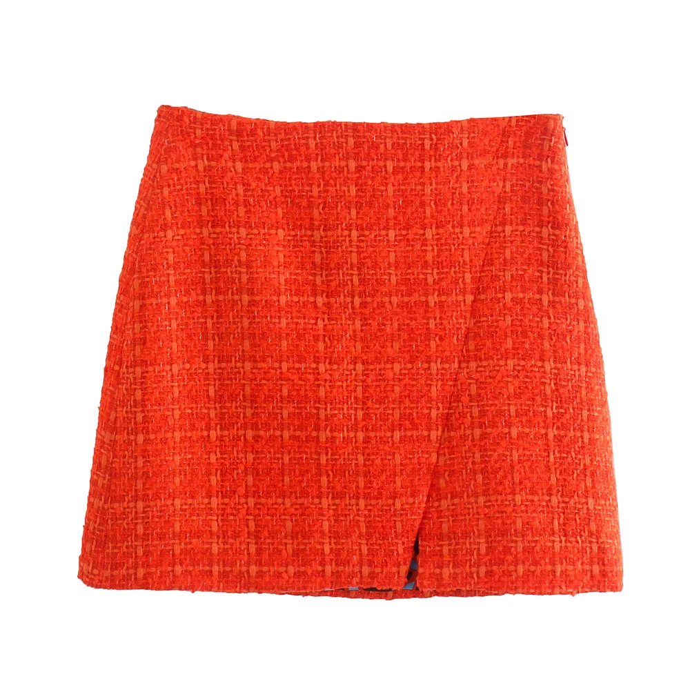 

Red color front slit casual fashion design ladies mini tweed skirts