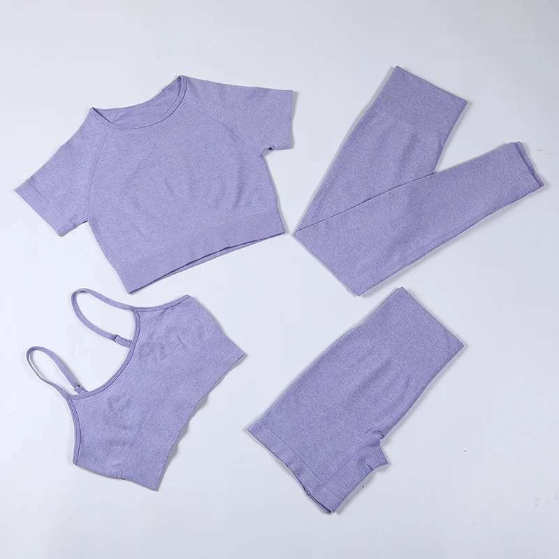 

China design good price quick-drying high-elastic running sports 4-piece seamless yoga fitness, Orange purple green pink white black blue