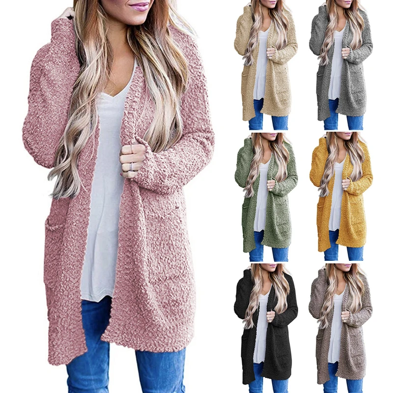 

Autumn New Pink Boutique Women Knitted Long Popcorn Cardigan With Pockets, Light green, khaki, coffee, gray, pink, yellow, black