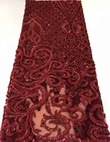 

Burgundy Embroidery 3D Handmade Beading Lace crystal diamante bead Wedding Gown Fabric