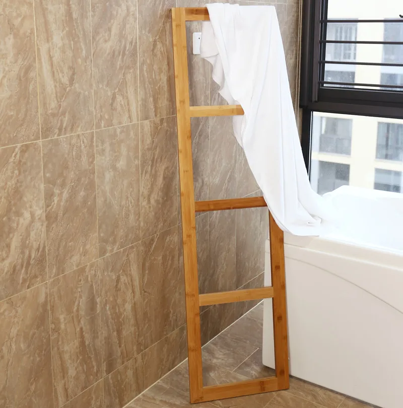

Bamboo towel rack against the wall, Natural bamboo color