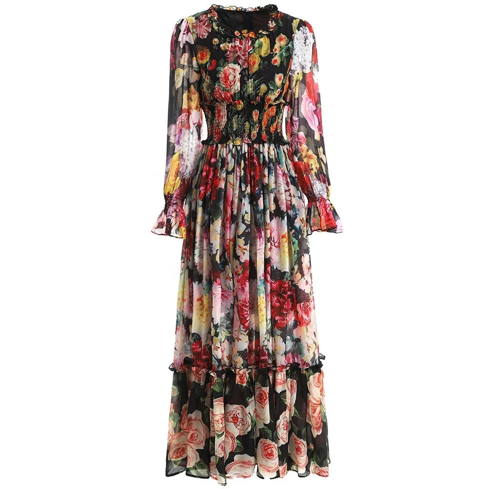 

Holiday Style Big Swing Dress 2022 Spring New European and American Women's Found Neck Long-sleeved Printed Dress