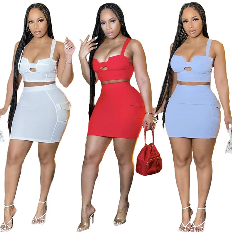 

2021 Elegant Ladies Solid Color Sexy 2 Piece Outfit Crop Top Women Plus Size 2 Piece Skirt Set