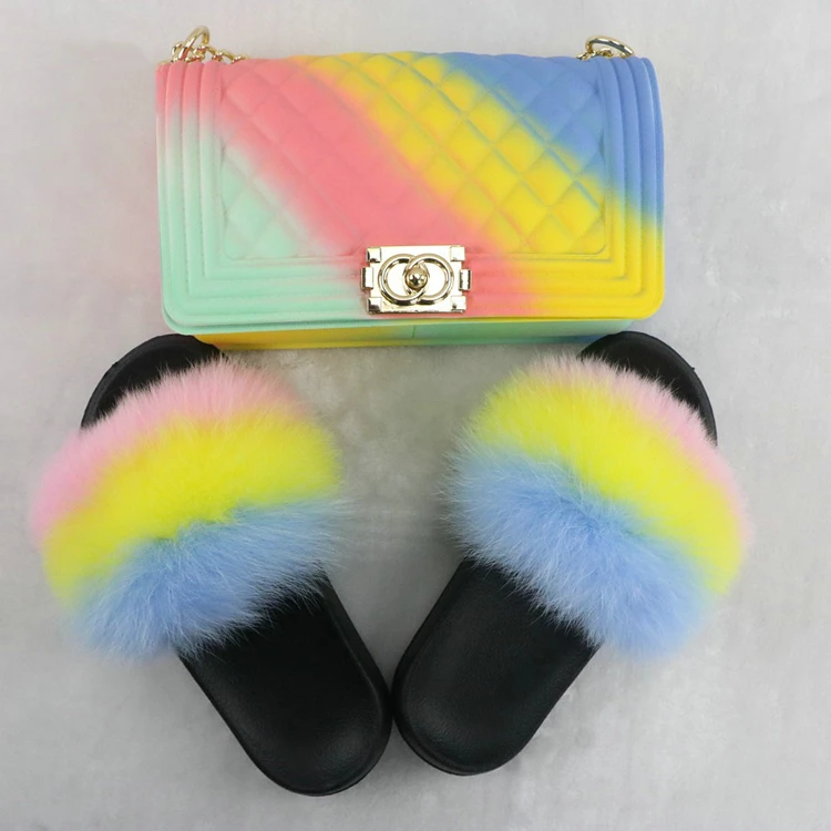 

2021 Wholesale fur jelly bag pink bling fox fur slides slippers for women with matching purse sets, Customized color